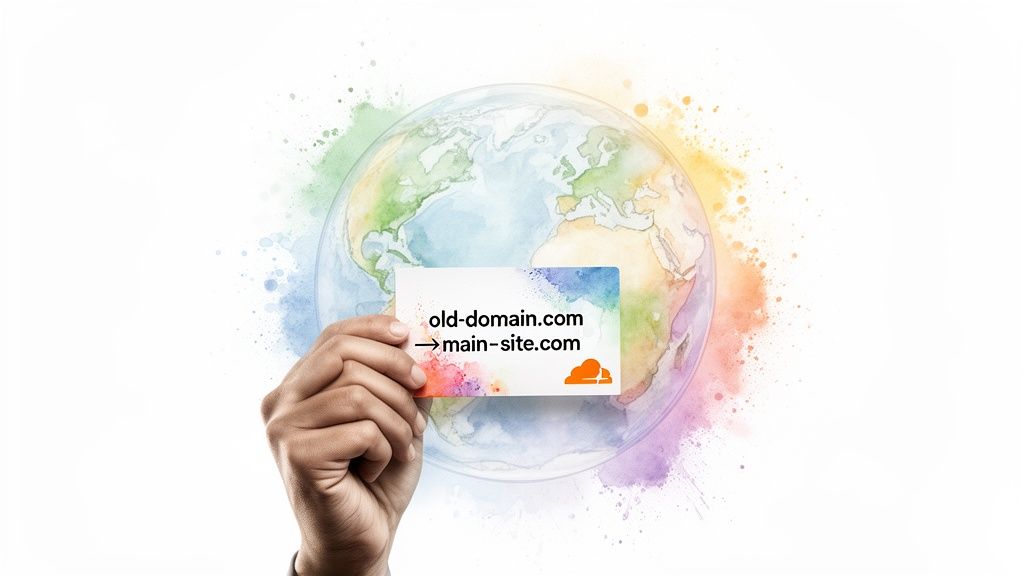 A hand holds a card showing "old-domain.com -> main-site.com" with a Cloudflare logo, on a watercolor globe background.