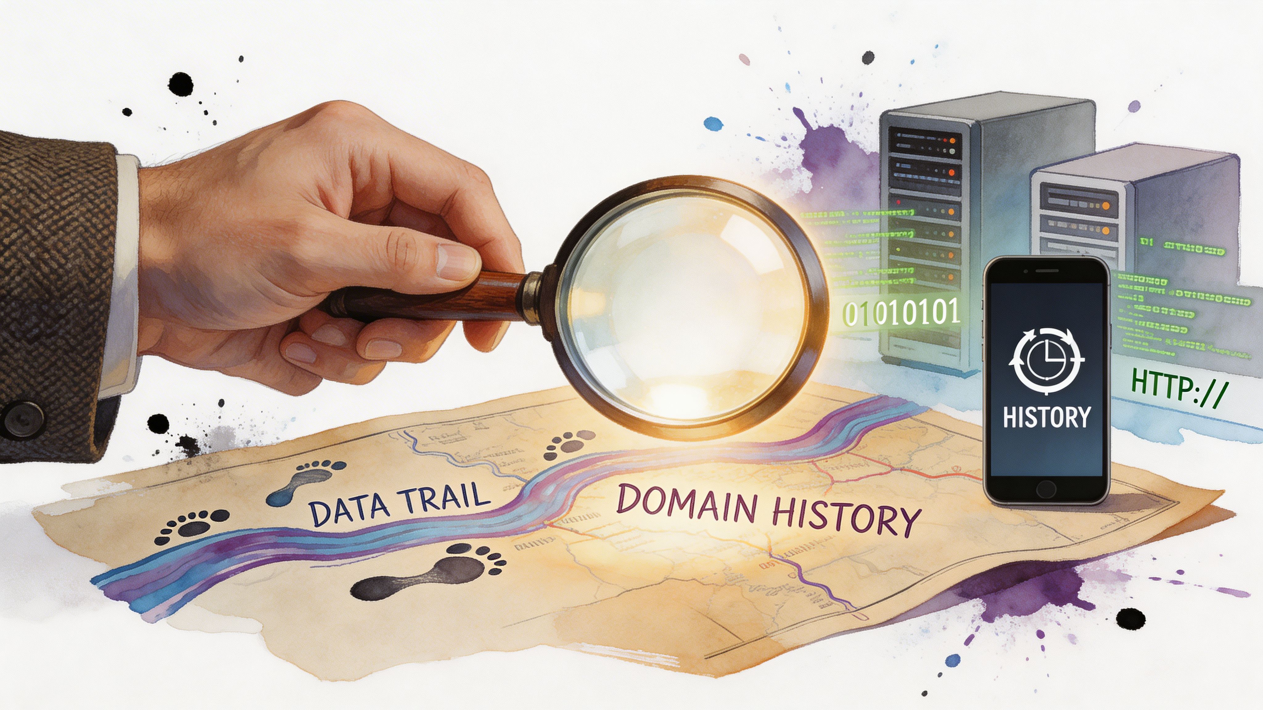 A hand holding a magnifying glass over a map showing a data trail and domain history investigation.
