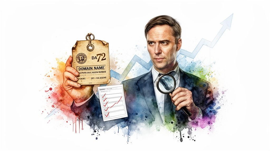 A man in a suit analyzes a "DA72 DOMAIN NAME" tag, checklist, and growth arrow, symbolizing SEO.