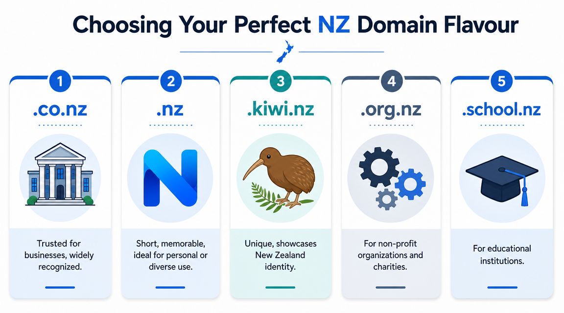 An infographic showing five different NZ domain name extensions and their respective uses for websites.