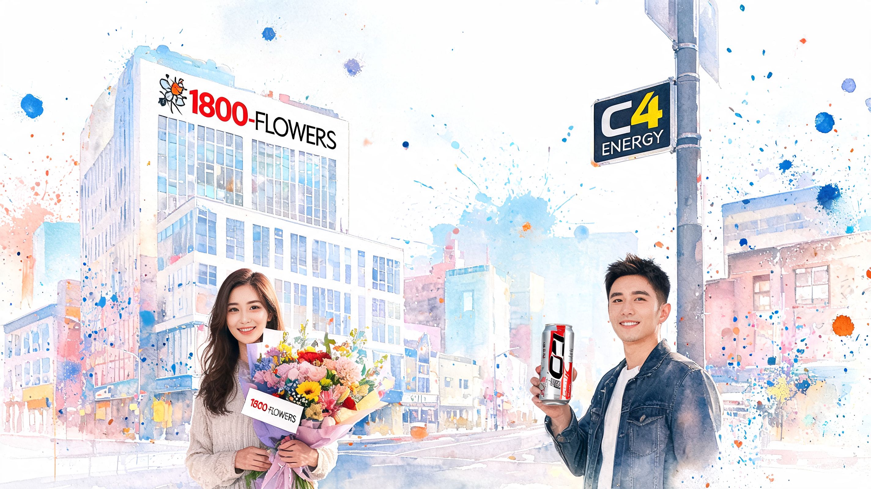 A watercolor-style illustration of a smiling couple posing with 1-800-Flowers branding and a C4 energy drink.