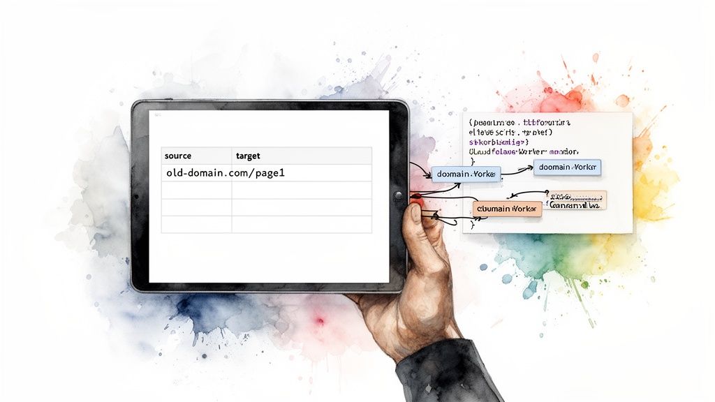 Hand holding tablet showing URL redirect table connecting 'old-domain.com/page1' to Cloudflare Workers.
