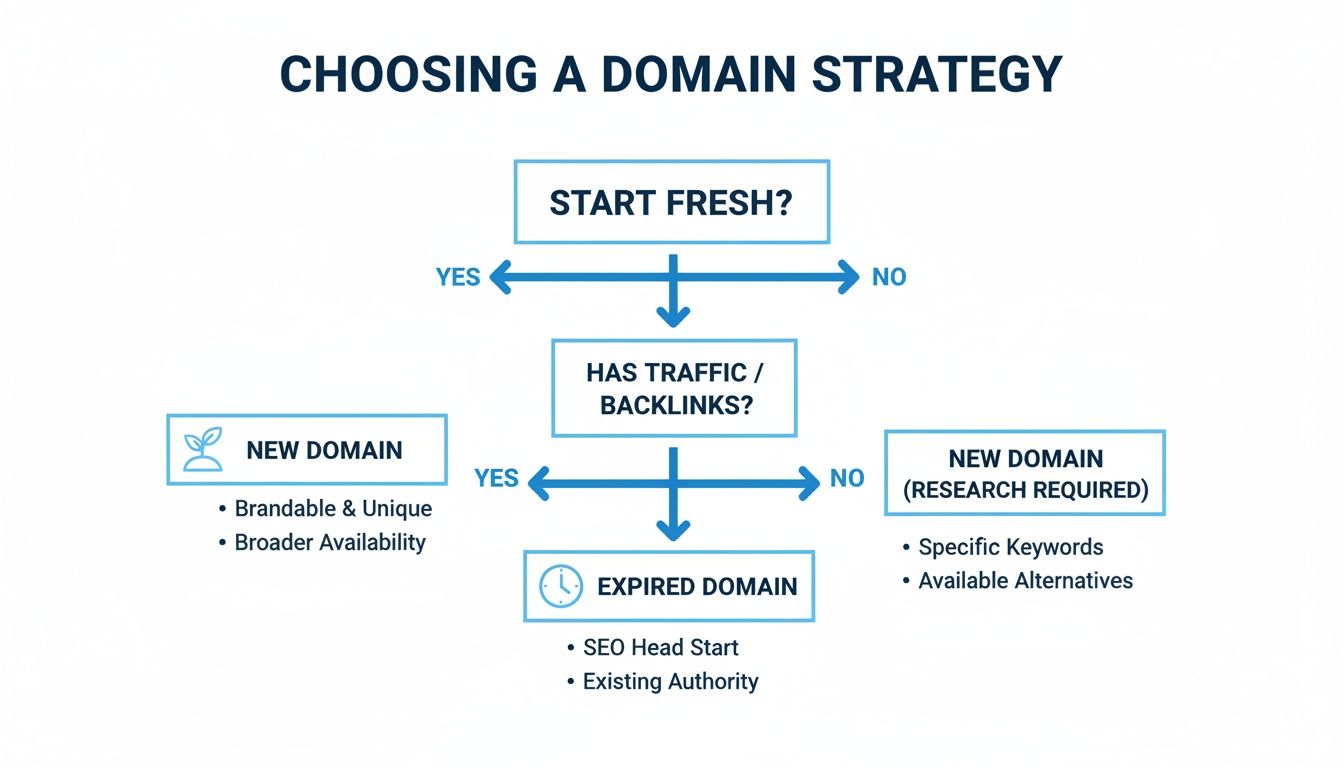 Flowchart outlining choices for a domain strategy: start fresh, consider traffic/backlinks, new or expired domains.