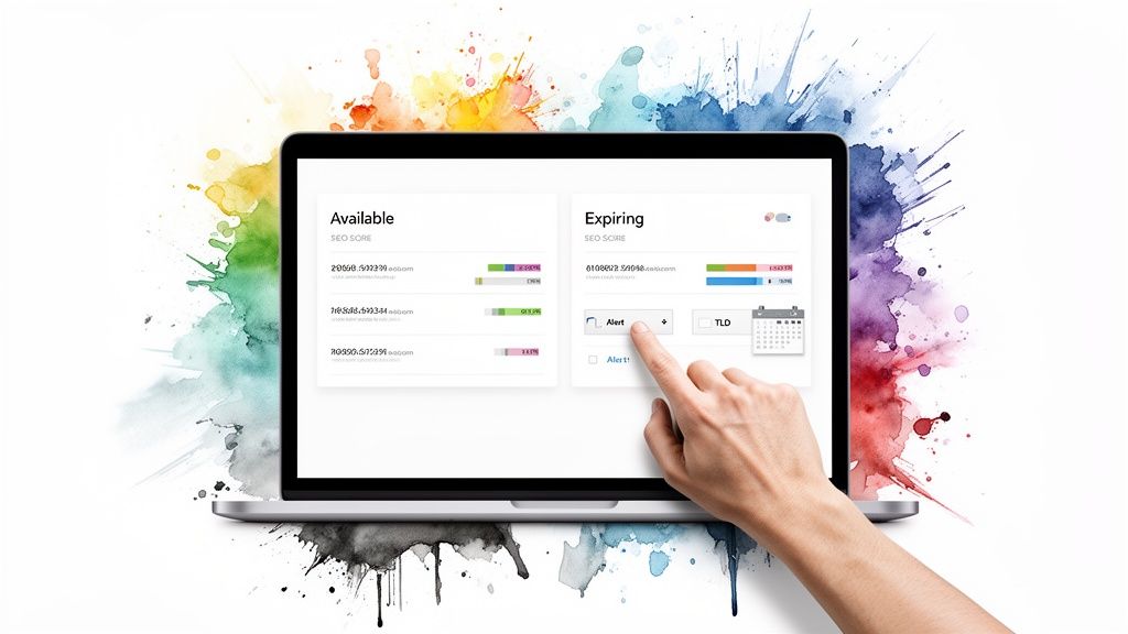 Hand interacting with a laptop screen displaying a domain name availability and expiration checker.