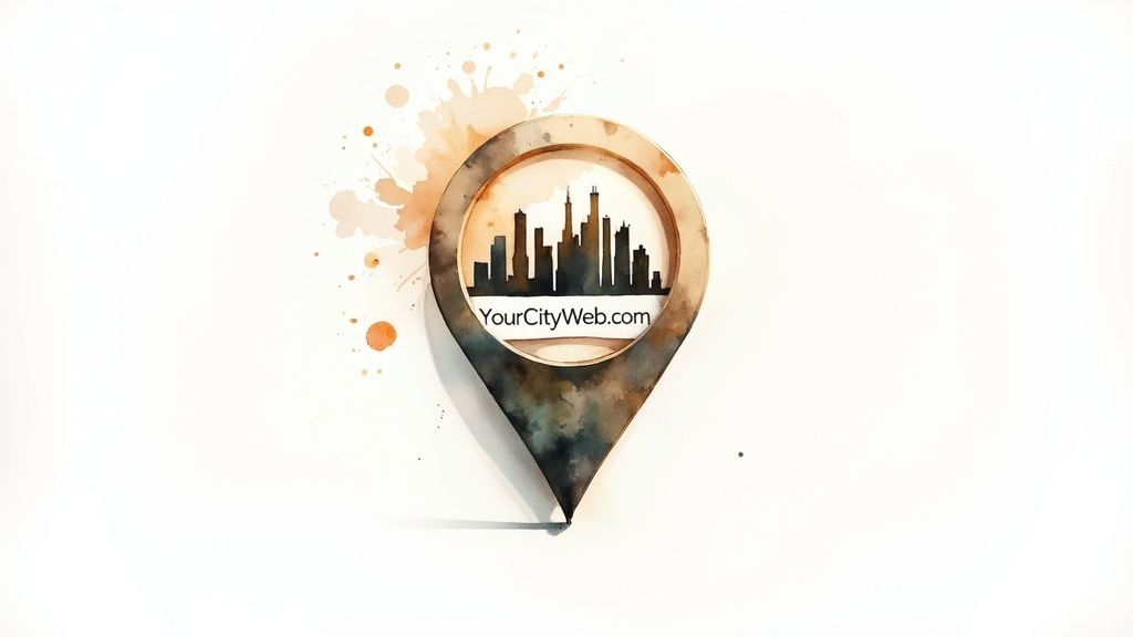 A watercolor location pin icon features a city skyline and the website 'YourCityWeb.com'.