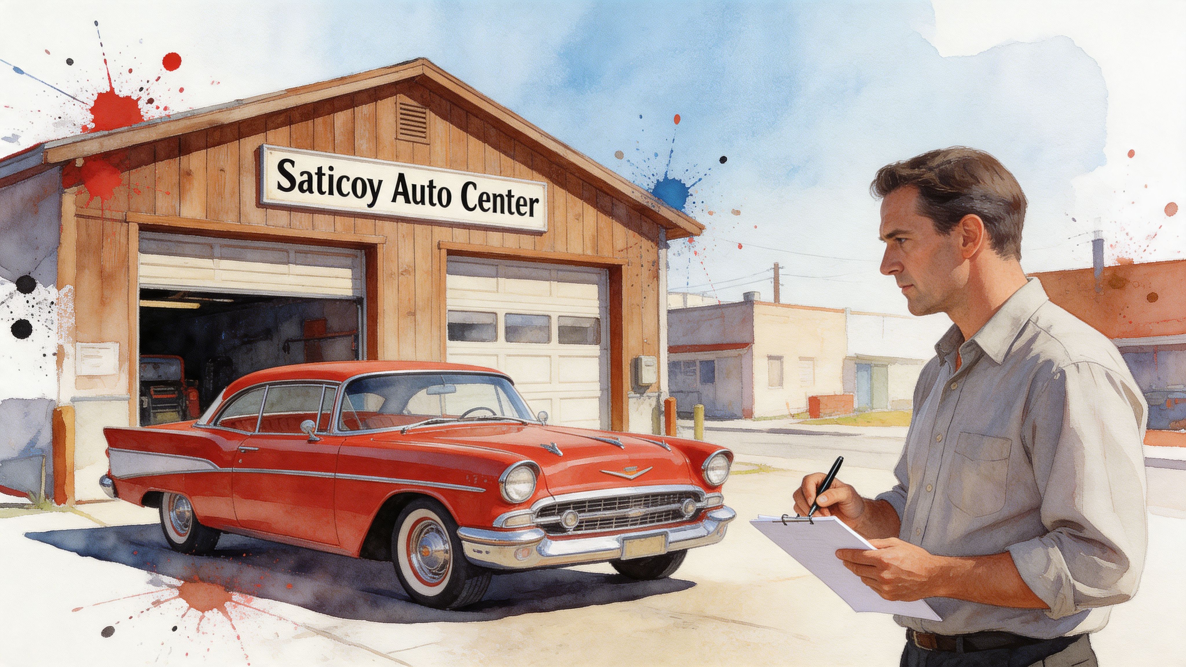 A man in a shirt taking notes on a clipboard in front of a Saticoy Auto Center workshop.