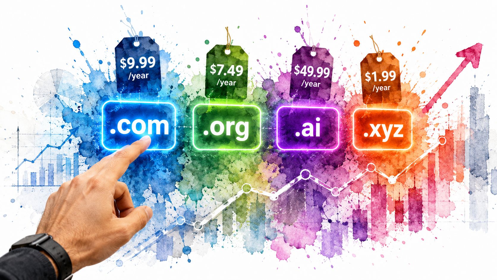A hand pointing at various domain extension pricing options on a colorful, abstract background with charts.