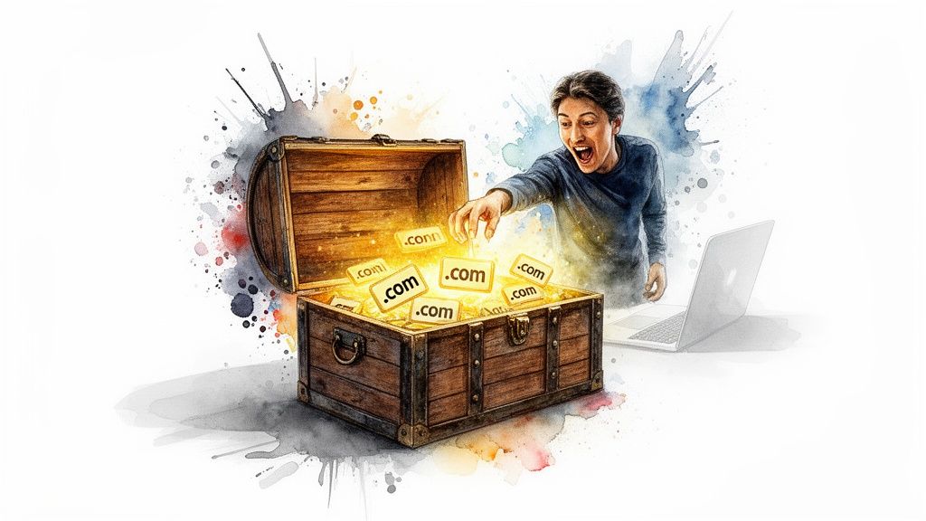 Excited person discovers a treasure chest overflowing with glowing .com domain names next to a laptop.