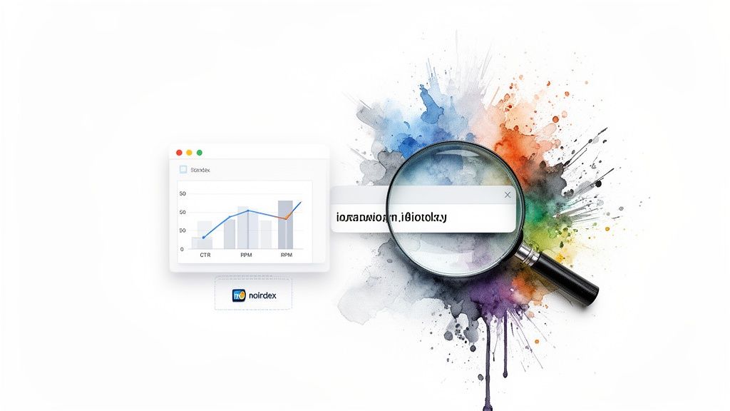 A data analytics graph, a search bar with a magnifying glass, and the noirdex logo on a watercolor background.