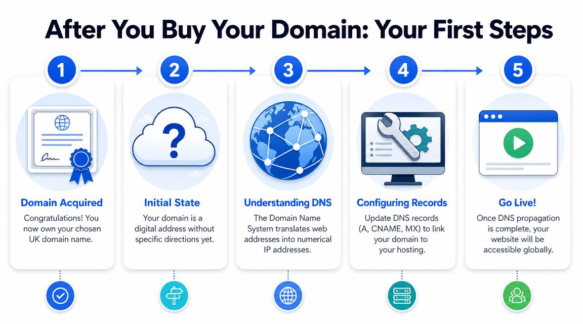 A five step infographic showing the process of setting up a domain after purchase.