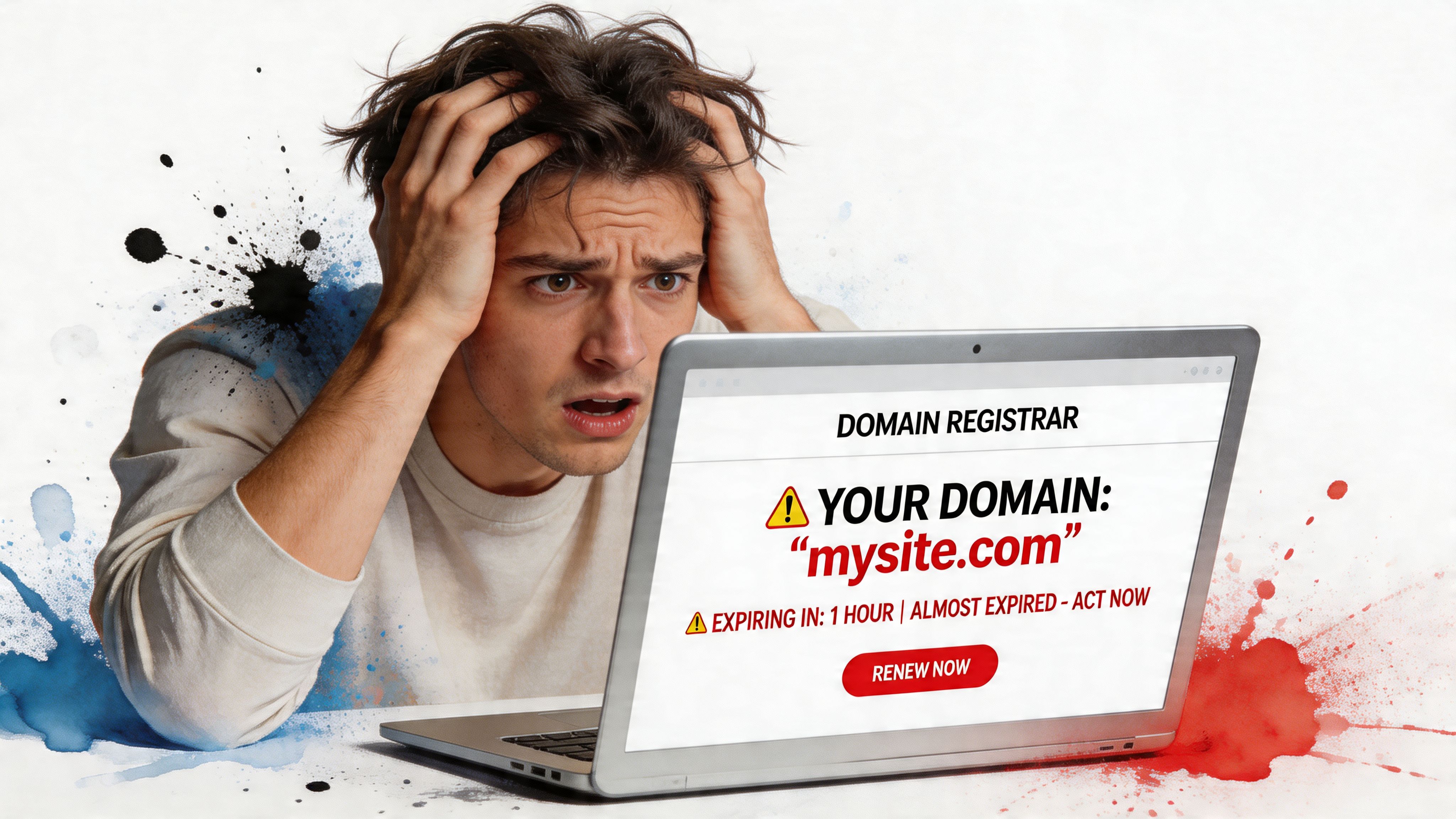 A panicked man staring at a laptop screen showing a domain name expiration warning notification.