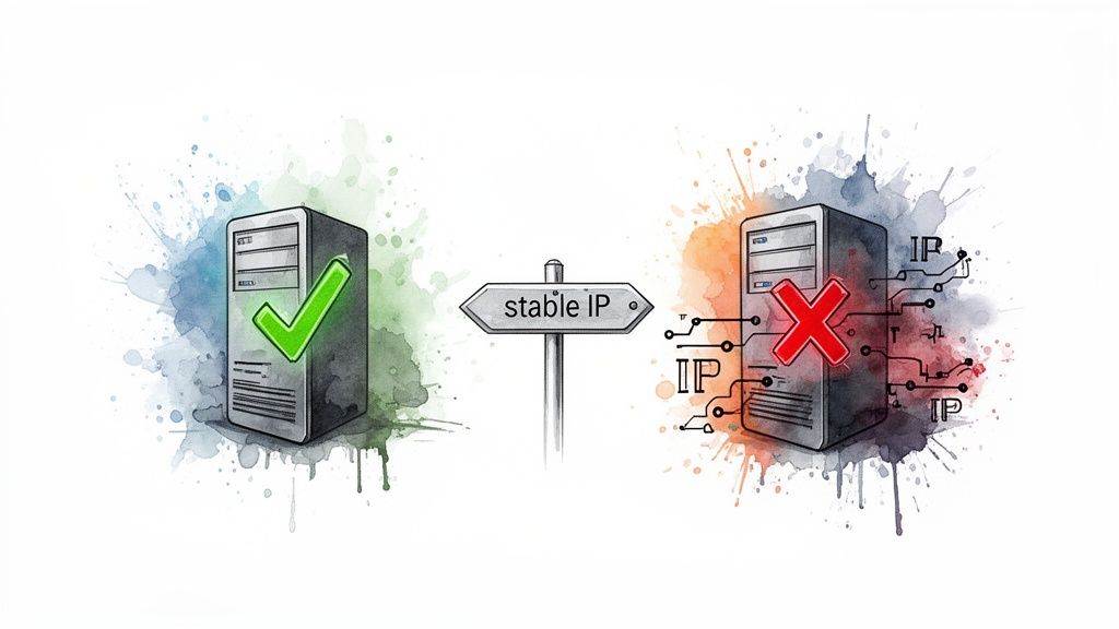 Illustration of a sign pointing to a server with a stable IP, contrasting with a server experiencing IP issues.