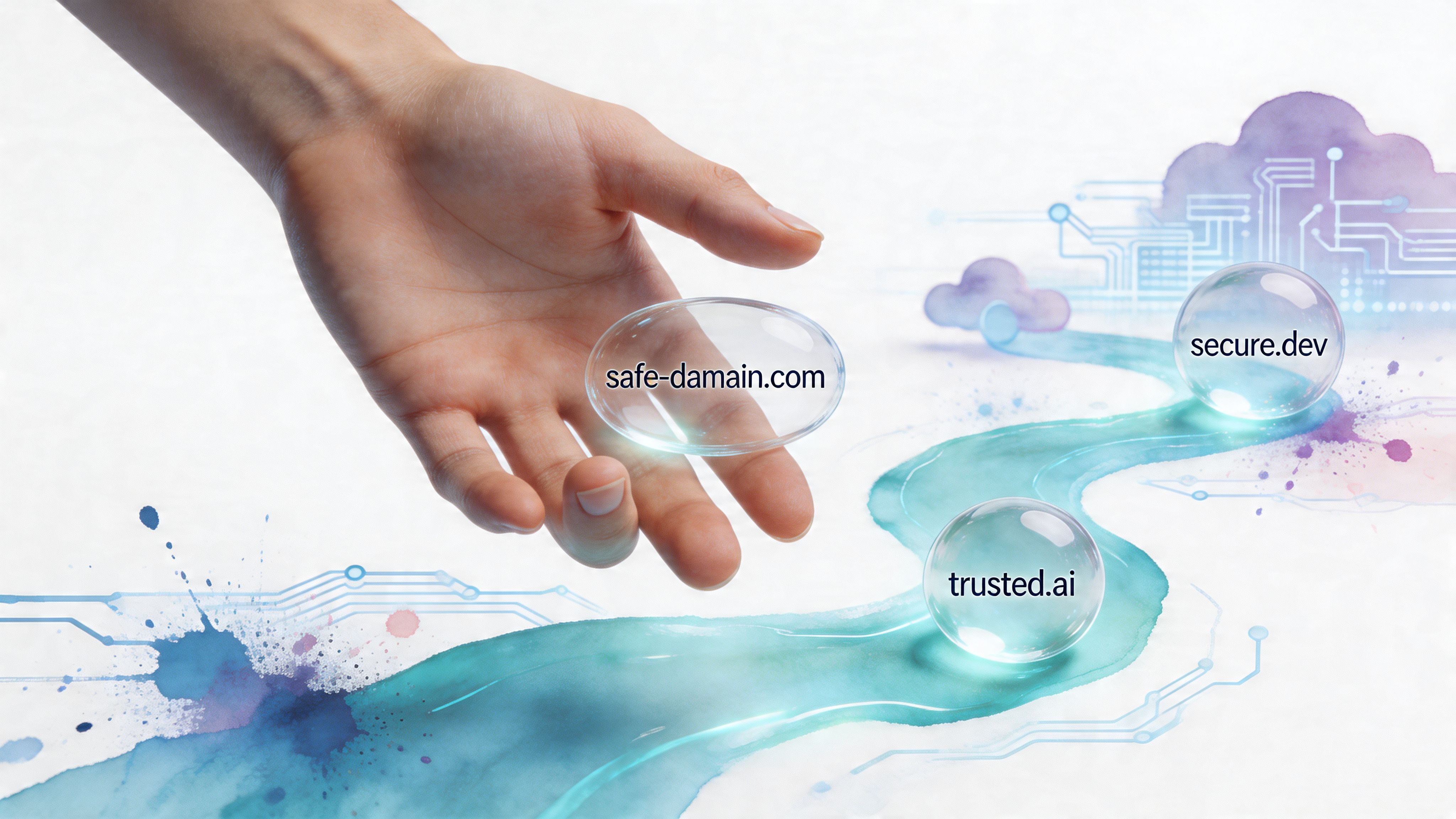 A hand reaching toward floating bubbles containing domain names above a digital and watercolor path.