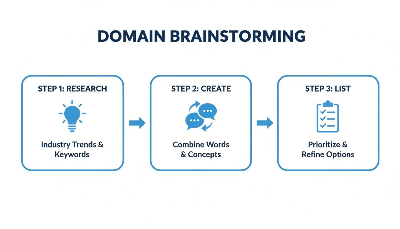 Flowchart illustrating a three-step domain brainstorming process: research, create, and list options.
