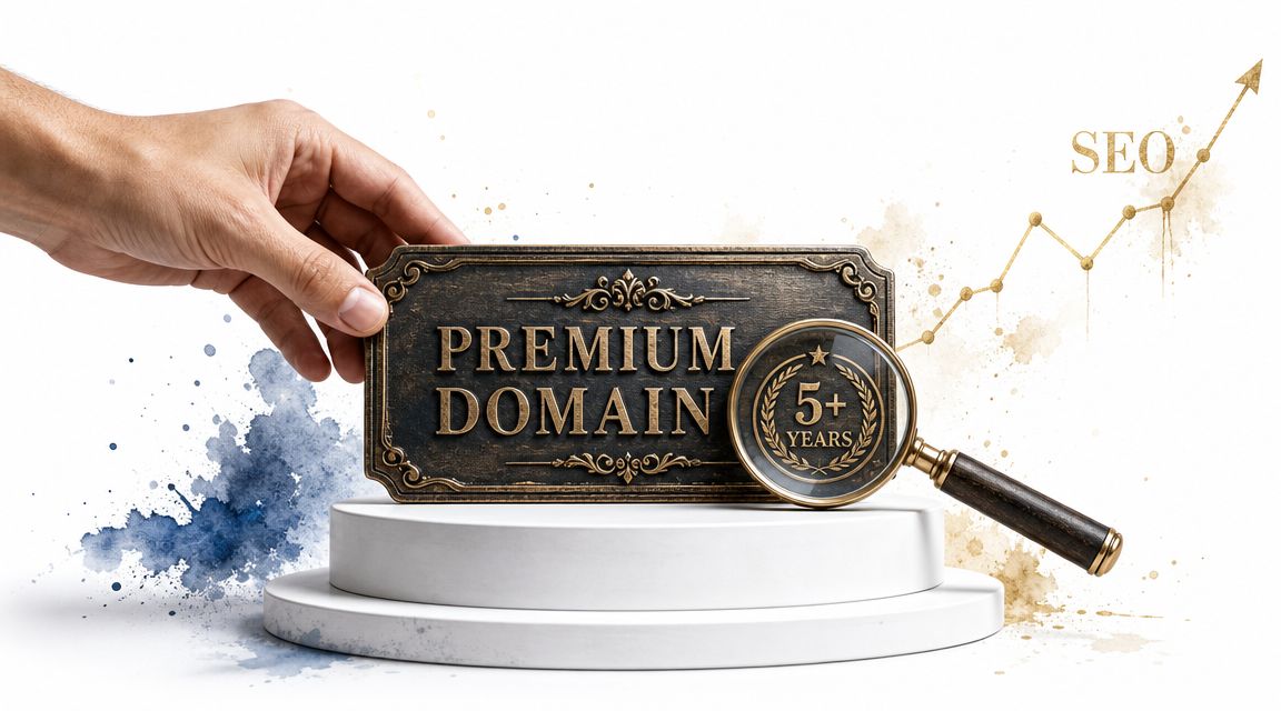 A hand holding a plaque reading Premium Domain with a magnifying glass over a 5+ years seal.