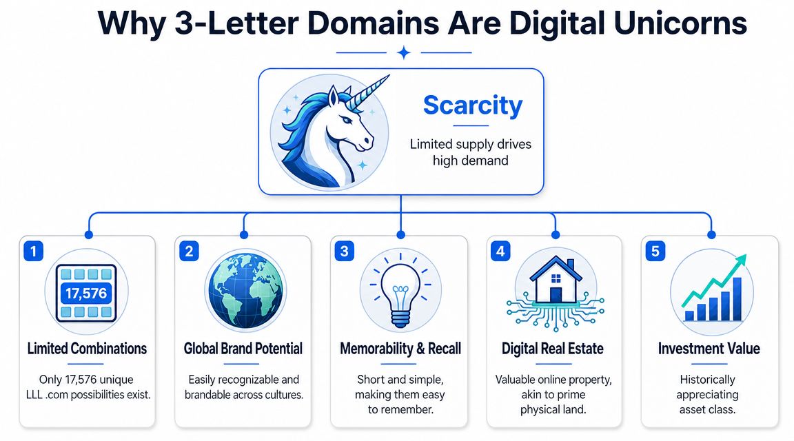 An infographic explaining the scarcity, global branding, memorability, real estate value, and investment potential of three-letter domains.