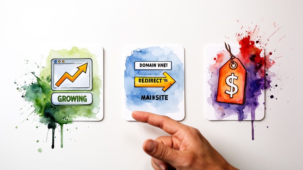 Three cards illustrate website growth, domain redirect, and a dollar sign price tag.