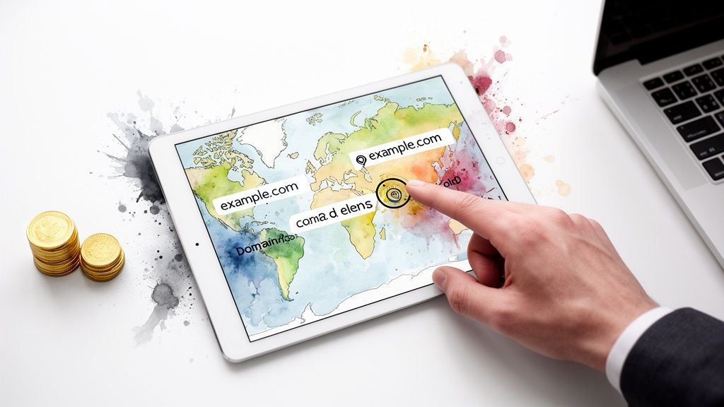 A hand interacting with a tablet displaying a world map with domain names, beside gold coins.