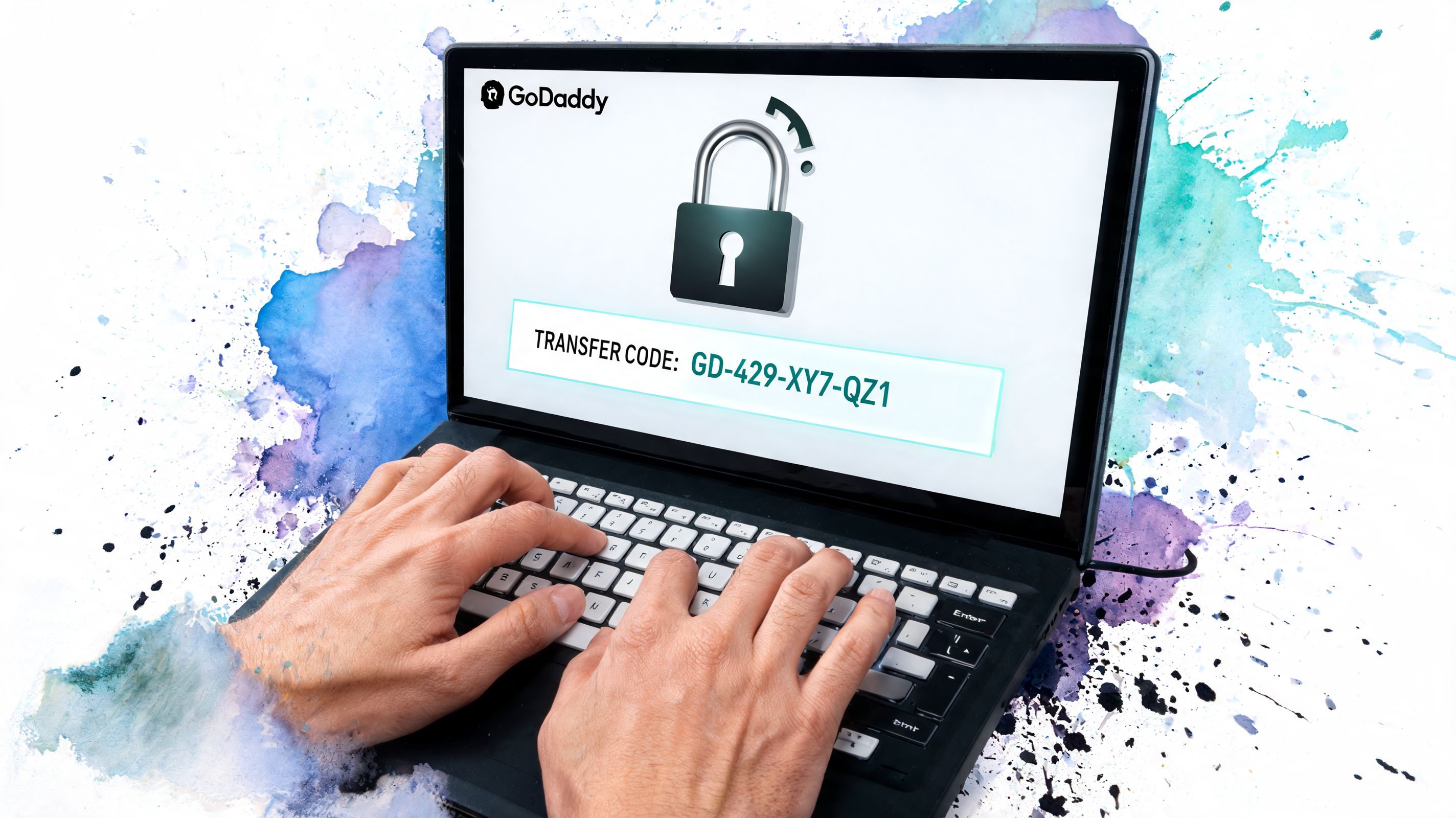 A pair of hands typing on a laptop displaying a GoDaddy domain transfer code on screen.