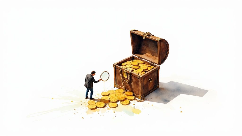 A man meticulously examines gold coins spilled from a rustic wooden treasure chest with a magnifying glass.