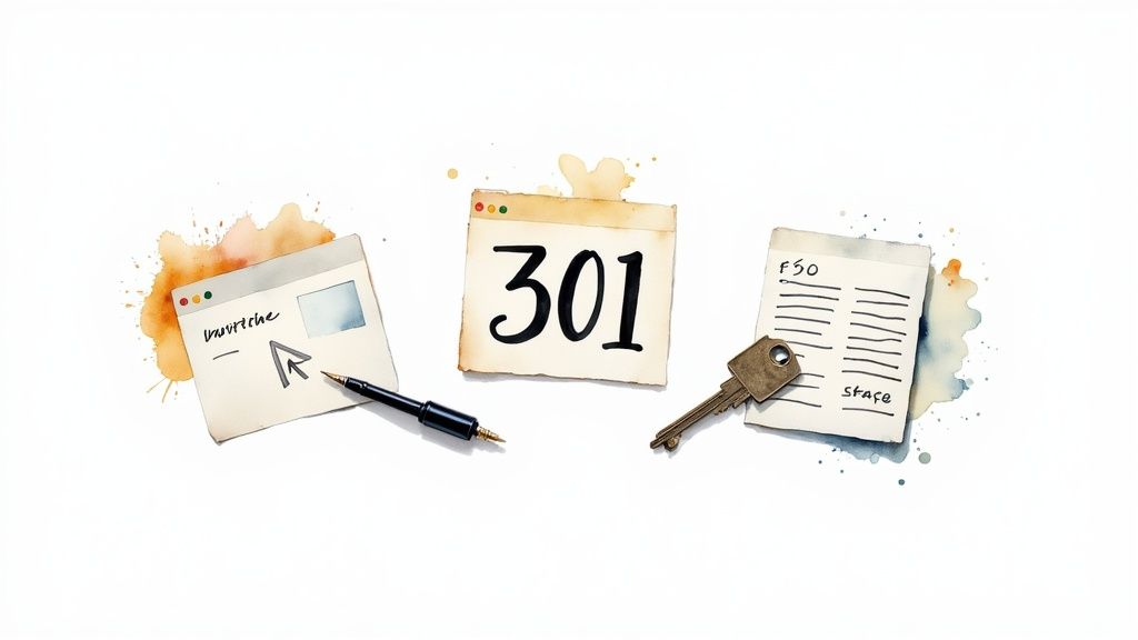 Watercolor illustration showing a browser window, a '301' sign, and a key, symbolizing web redirects.
