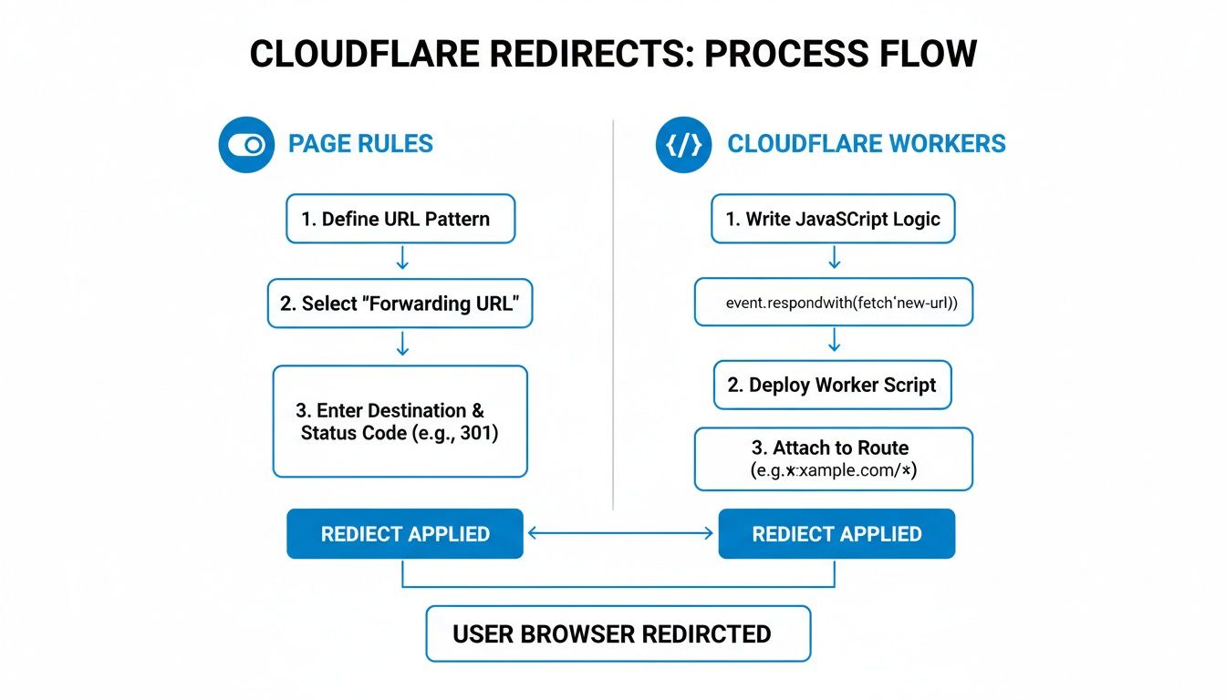 Cloudflare redirects process flow diagram comparing Page Rules and Cloudflare Workers methods.