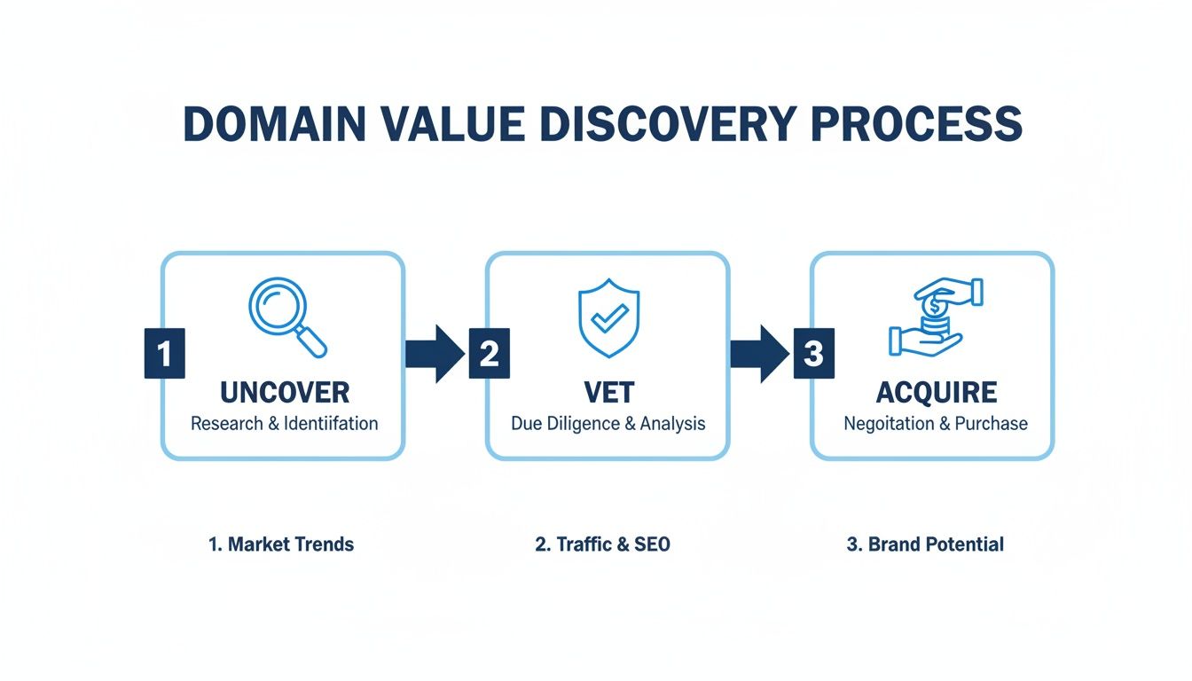 Infographic detailing the 3-step Domain Value Discovery Process: Uncover, Vet, and Acquire, with key considerations.
