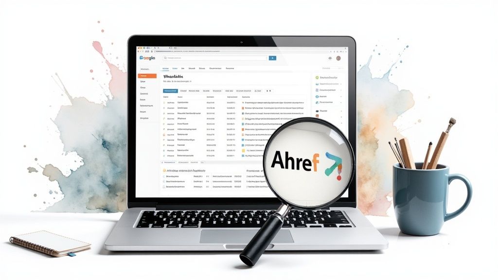 A laptop displaying Ahrefs SEO tool, magnified by a glass, surrounded by creative workspace items.