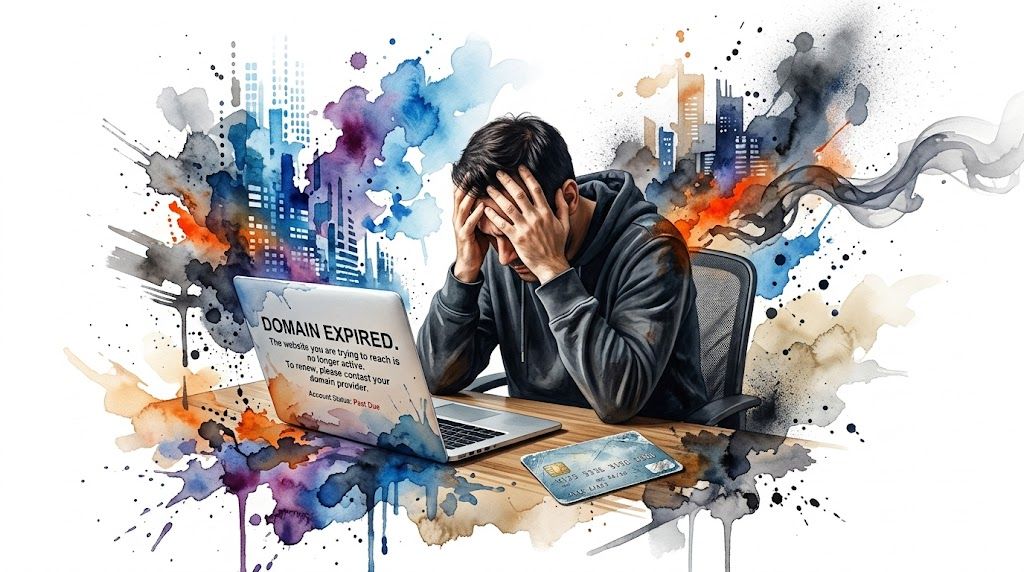 A distressed man sitting at a desk with a laptop displaying a domain expired notification message.