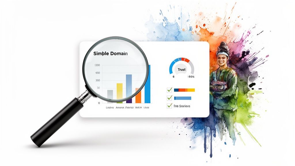A magnifying glass inspects a chart showing "Simple Domain" data and a trust score, with a smiling person.