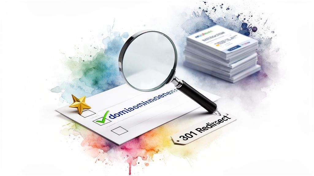 Magnifying glass inspecting a document with a checklist, '301 Redirect' tag, golden star, and stack of papers.