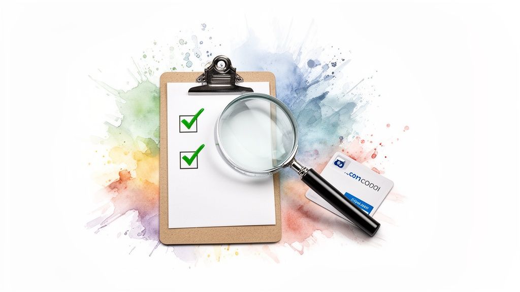 A clipboard with a checklist and green checkmarks, a magnifying glass, and a 'concodol' card on a watercolor background.