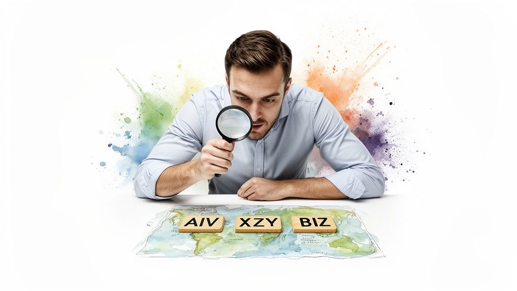 Man with magnifying glass examines three-letter domains AIV, XZY, BIZ on a world map.