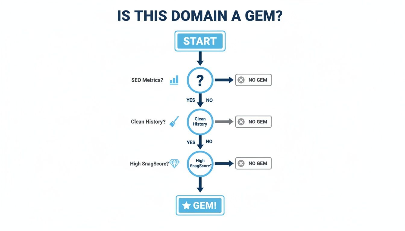 Flowchart detailing the steps to determine if a domain is a gem, based on SEO metrics, clean history, and SnagScore.