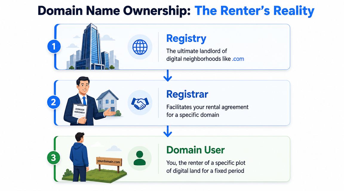 A diagram illustrating domain name ownership as a rental process between the Registry, Registrar, and Domain User.