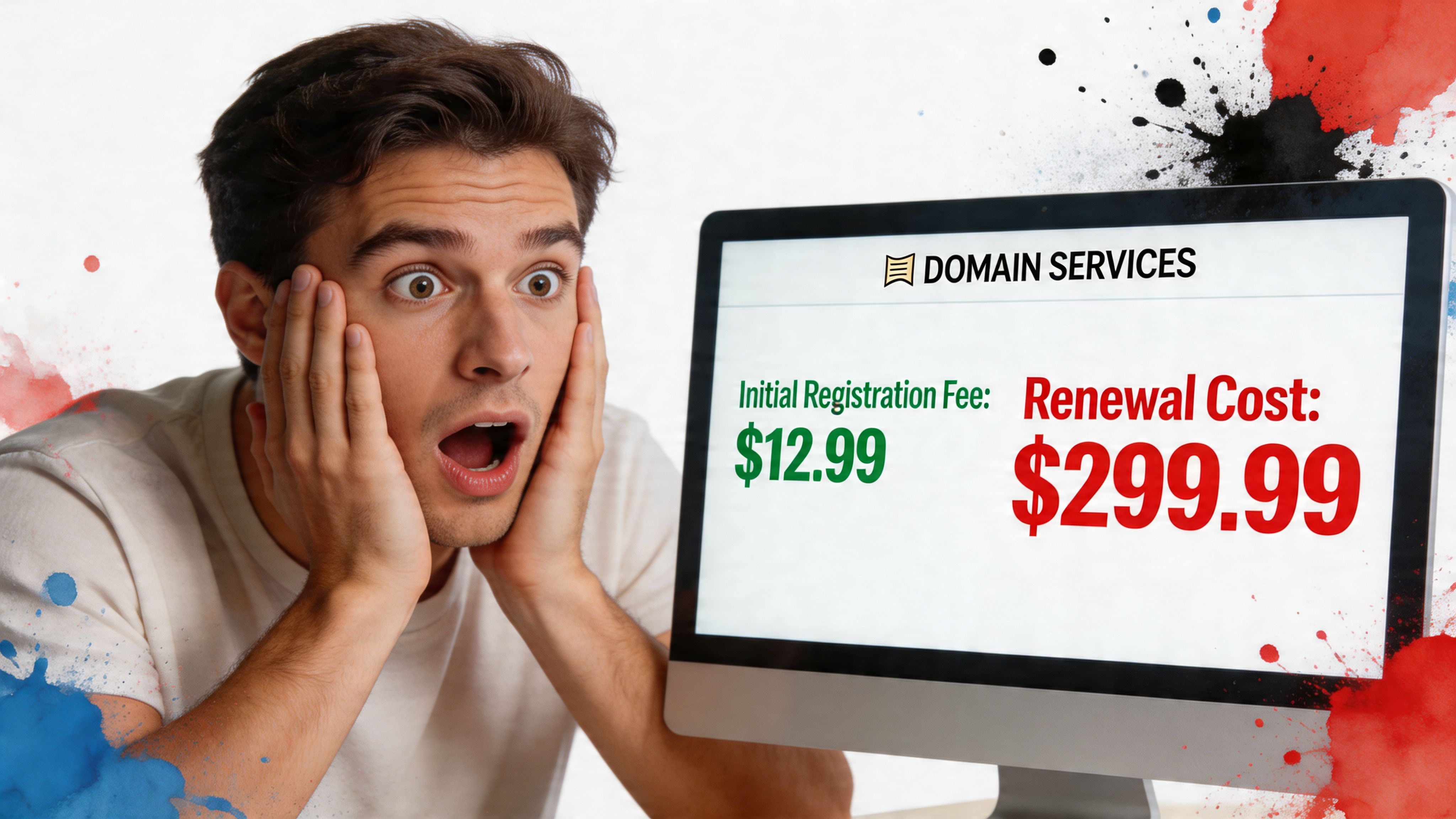 A shocked young man staring at a computer screen displaying a high domain renewal cost.