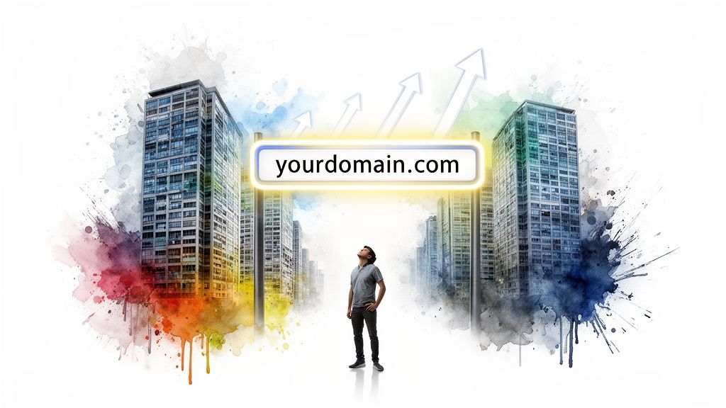 Man looking up at 'yourdomain.com' sign surrounded by watercolor city skyscrapers and rising arrows.
