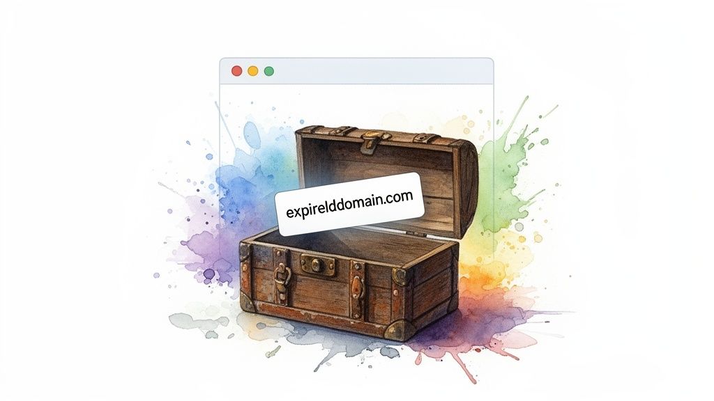 An open treasure chest revealing 'expirelddomain.com' domain name, with a web browser and colorful watercolor splatters.