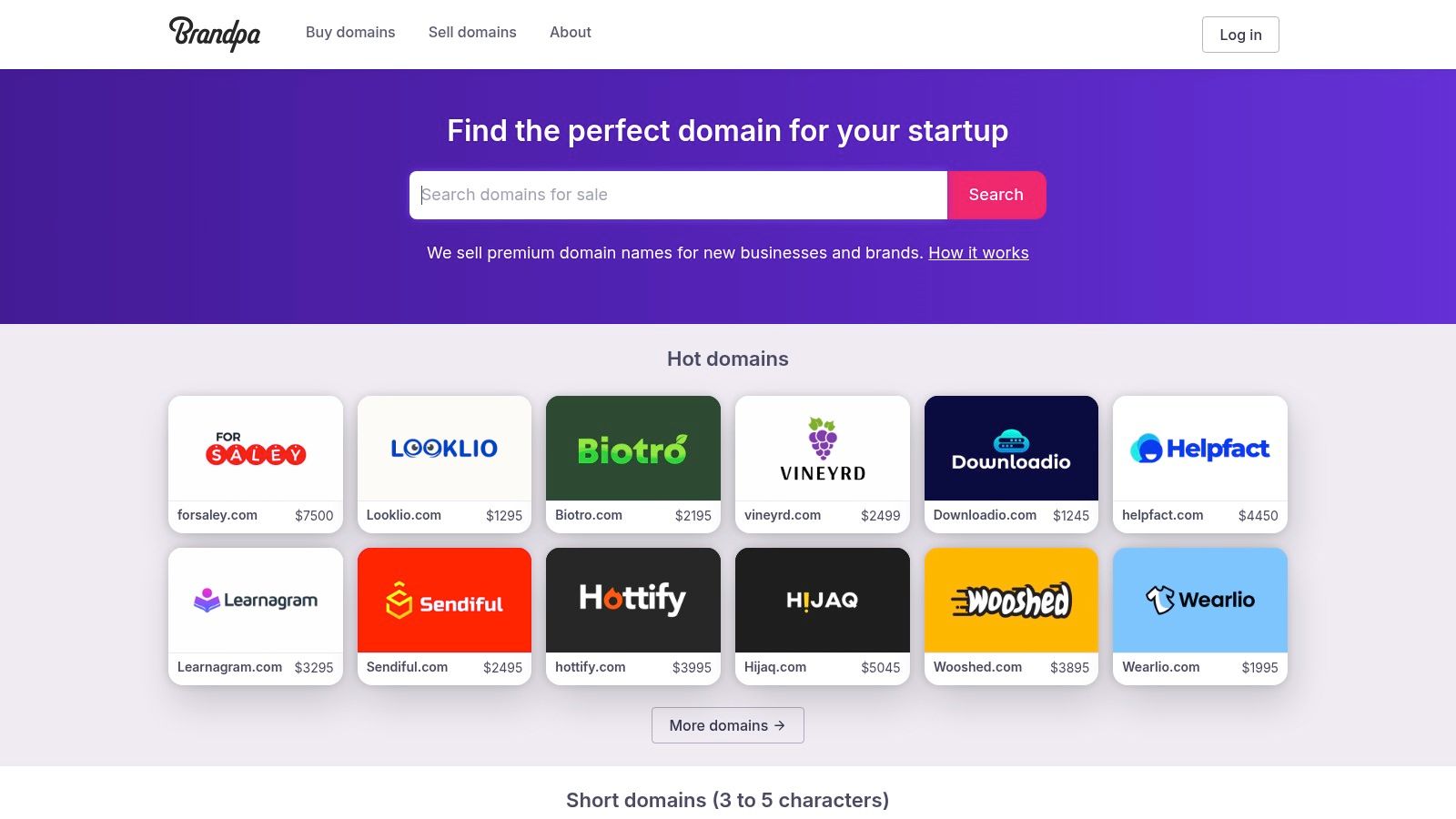 A screenshot of the Brandpa website showing a curated list of games domain names with included logos.