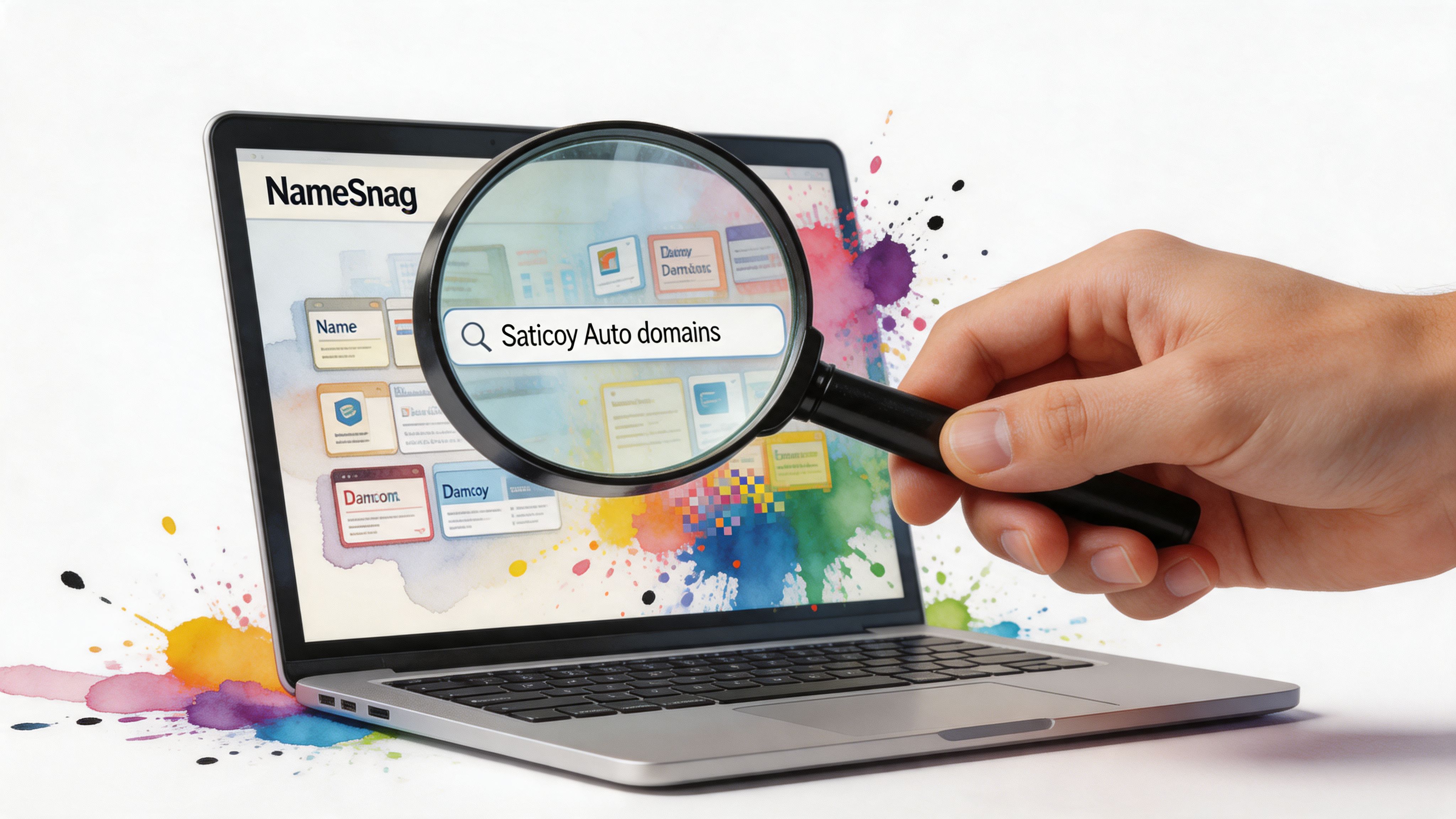 A hand holding a magnifying glass over a laptop screen searching for Saticoy Auto domains online.
