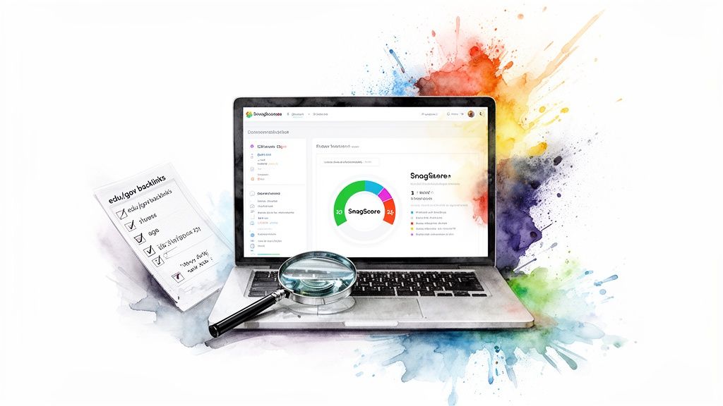 Laptop displaying SnagScore SEO dashboard with an 'edu/gov backlinks' checklist and magnifying glass.