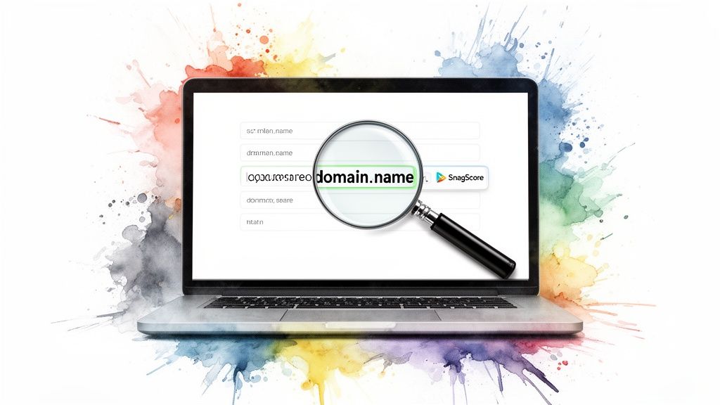 A laptop with a magnifying glass searching for "domain.name" amidst colorful watercolor splashes.