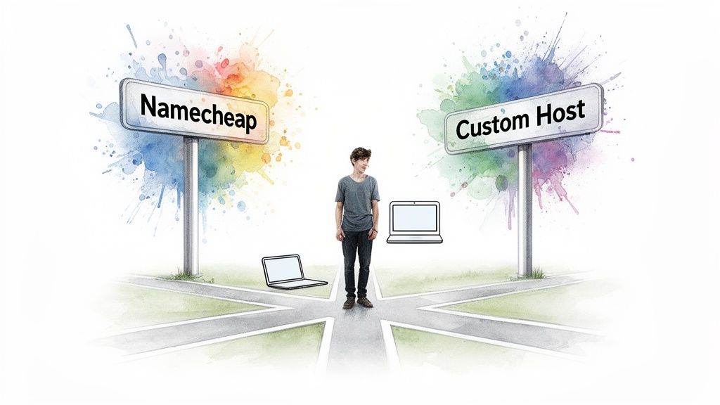 A person stands at a crossroads, choosing between Namecheap and Custom Host for web hosting, with laptops.