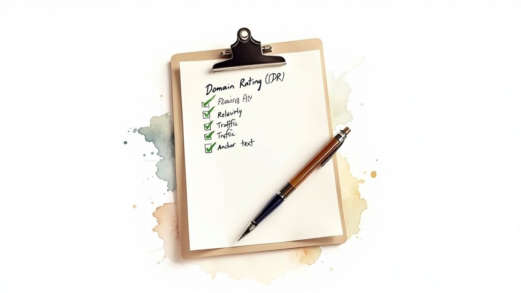 Clipboard with 'Domain Rating (DR)' checklist, pen, and watercolor splatters for SEO analysis.