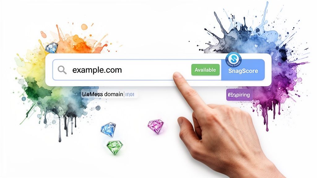 A hand points to a domain search bar displaying "example.com" as available, with SnagScore.