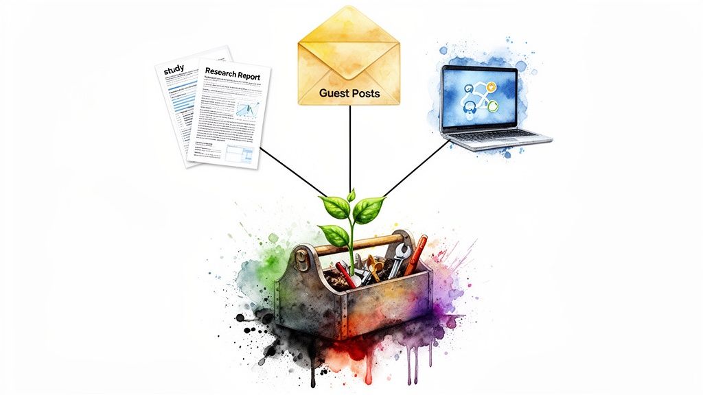 A plant grows from a toolbox, connected to research reports, guest posts, and a laptop, illustrating SEO strategy.