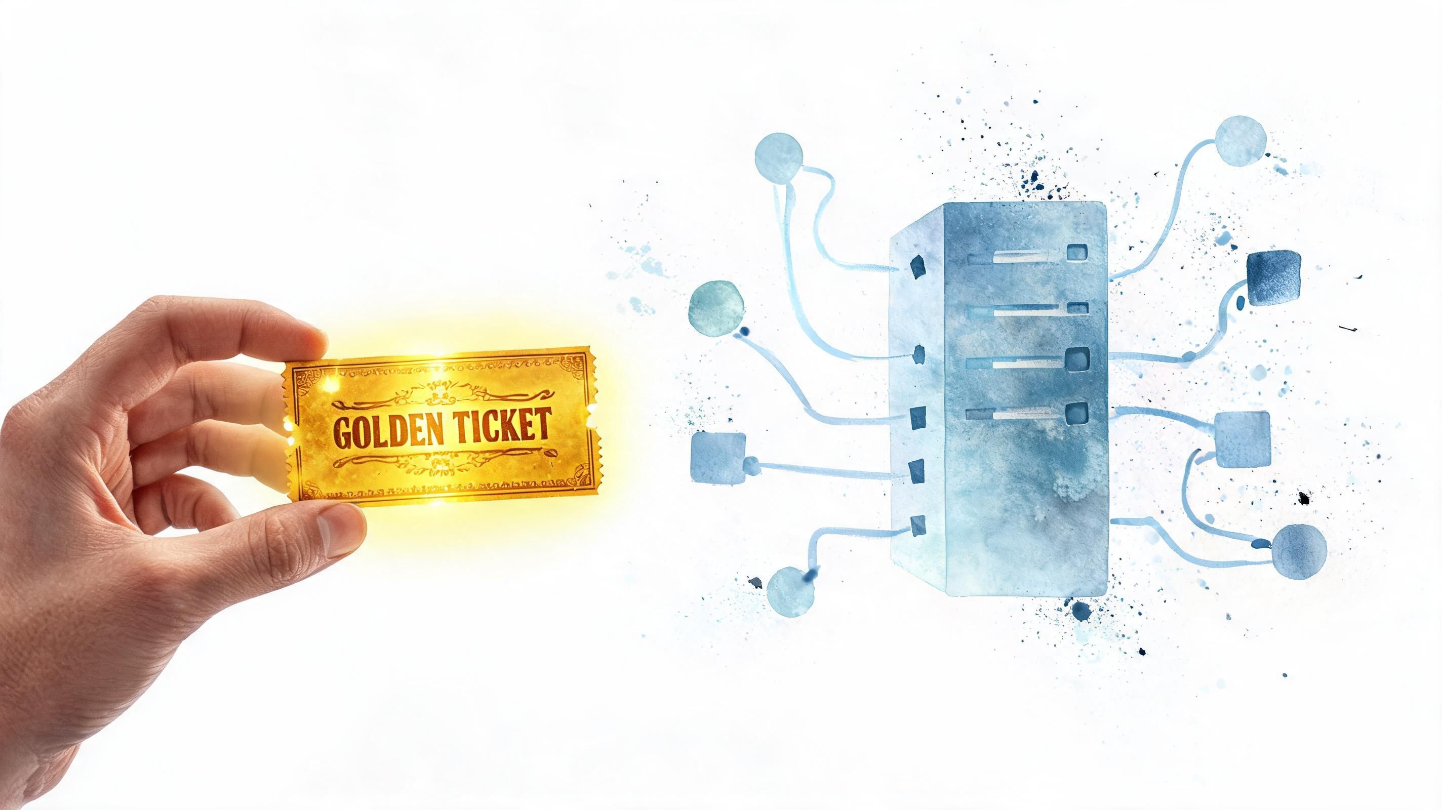 A hand holding a golden ticket towards a digital server illustration connected to network nodes.