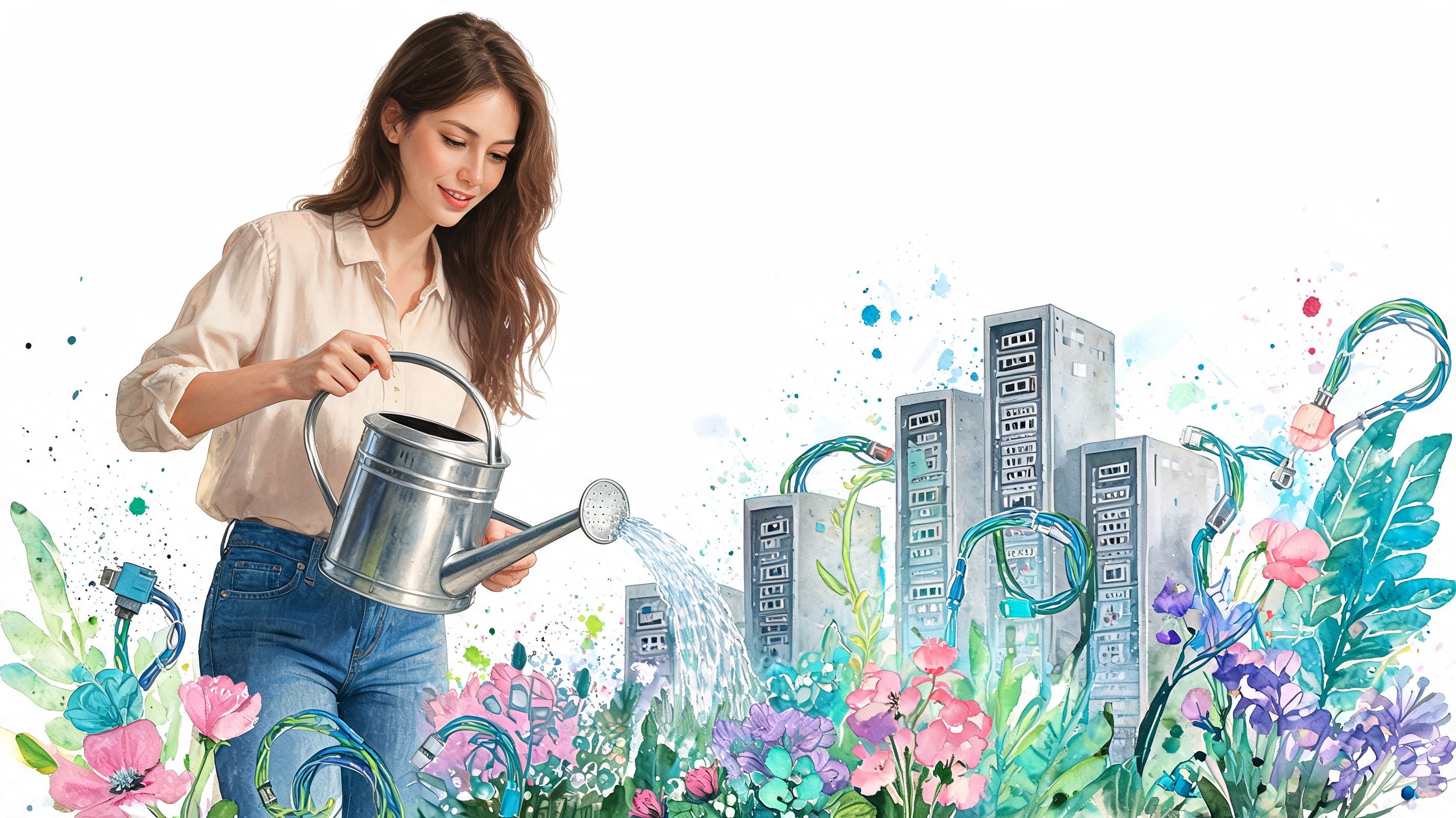 A woman watering a colorful digital garden with blooming flowers and connected server tower data centers.