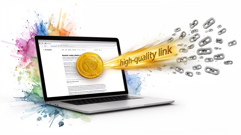 Laptop displays a Bitcoin coin generating 'high-quality link' to many chain links, with colorful watercolor art.