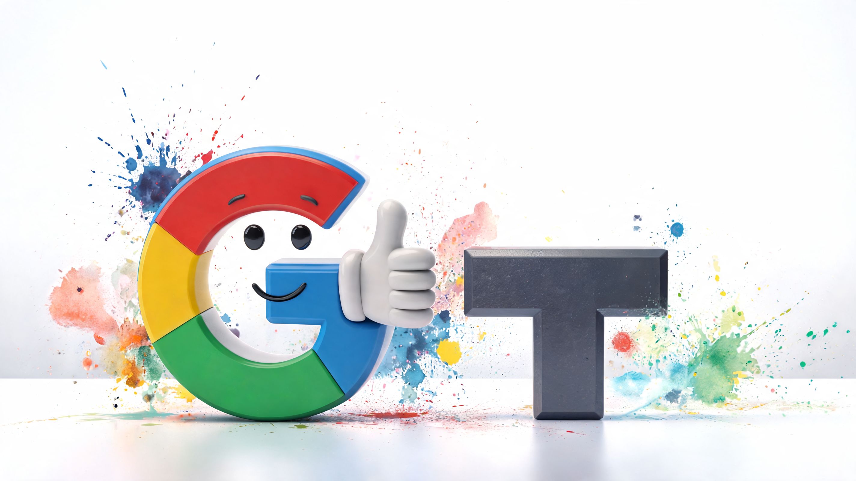 A colorful 3D Google G logo character giving a thumbs up next to a solid dark letter T